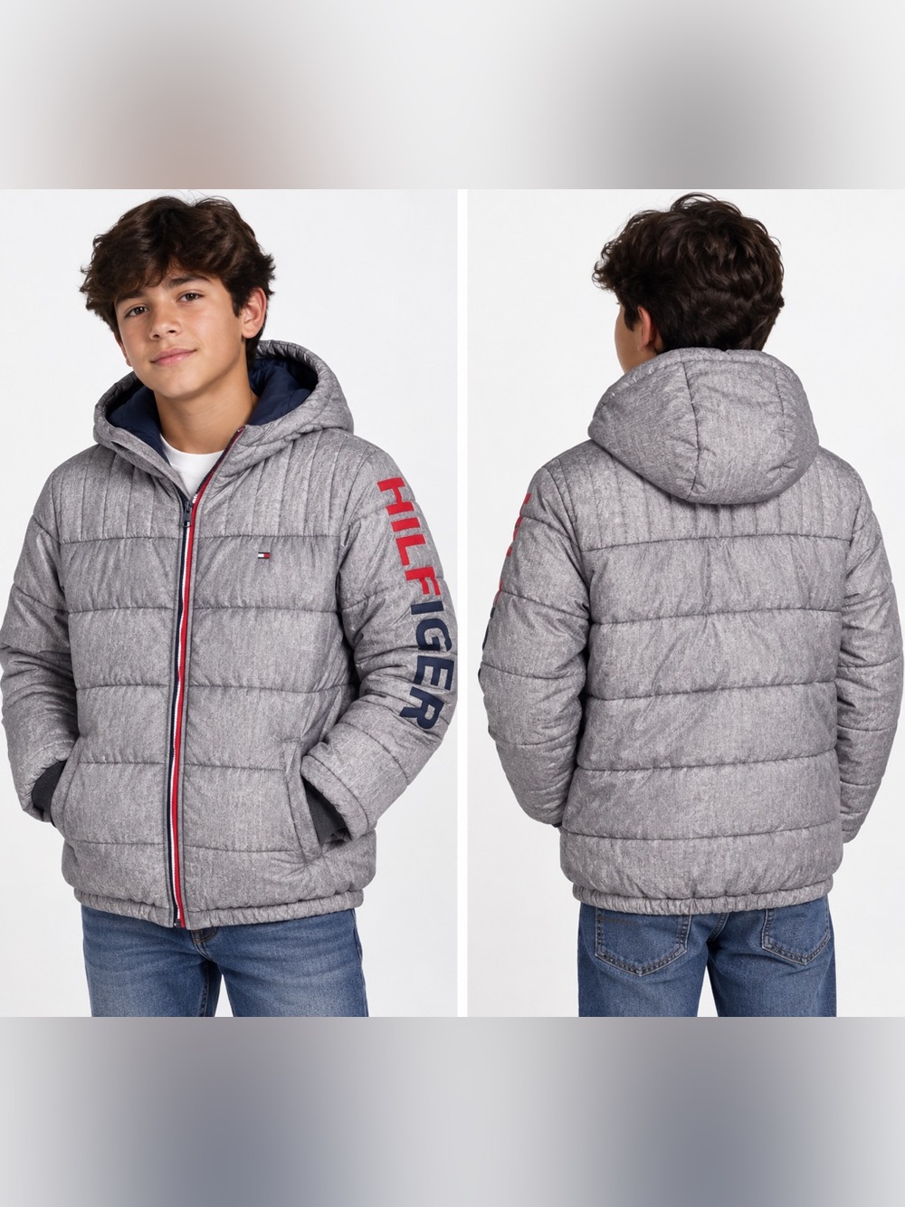 NWT Tommy Hilfiger Boys L 14/16 Steel Grey Hooded Puffer Jacket